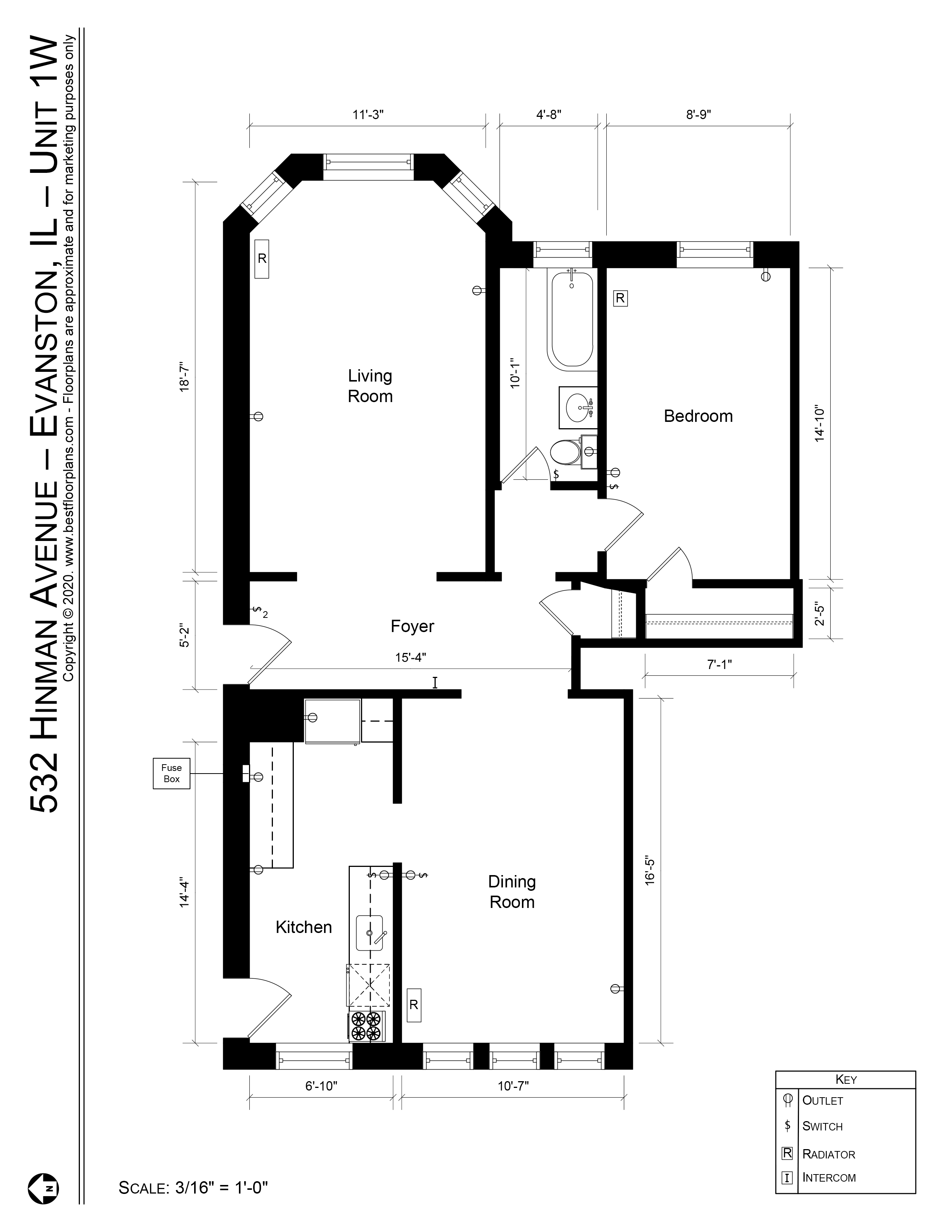 Floor plan for 1 bed, 1 bath, 670 sqft
